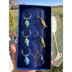NIB Set of 6 Wine Glass Charms Fish Boston Warehouse Drink Markers